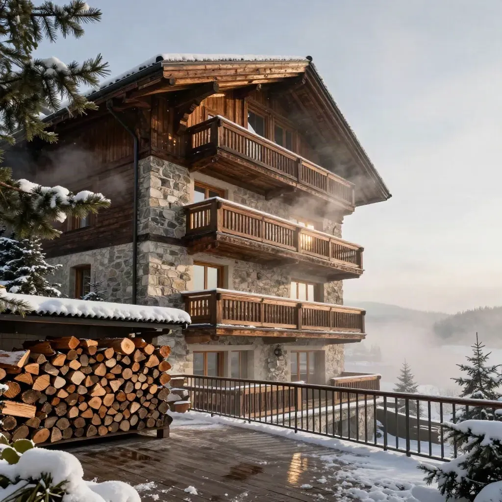 Chalet de lujo nevado al amanecer con leña, terraza y niebla en el valle
