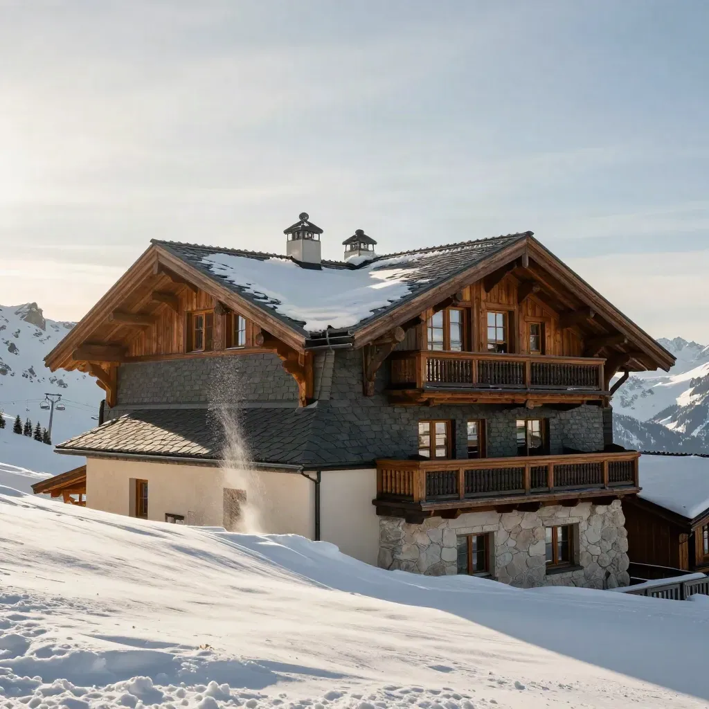 Tejado de chalet en Sierra Nevada con nieve volando y telesillas al fondo