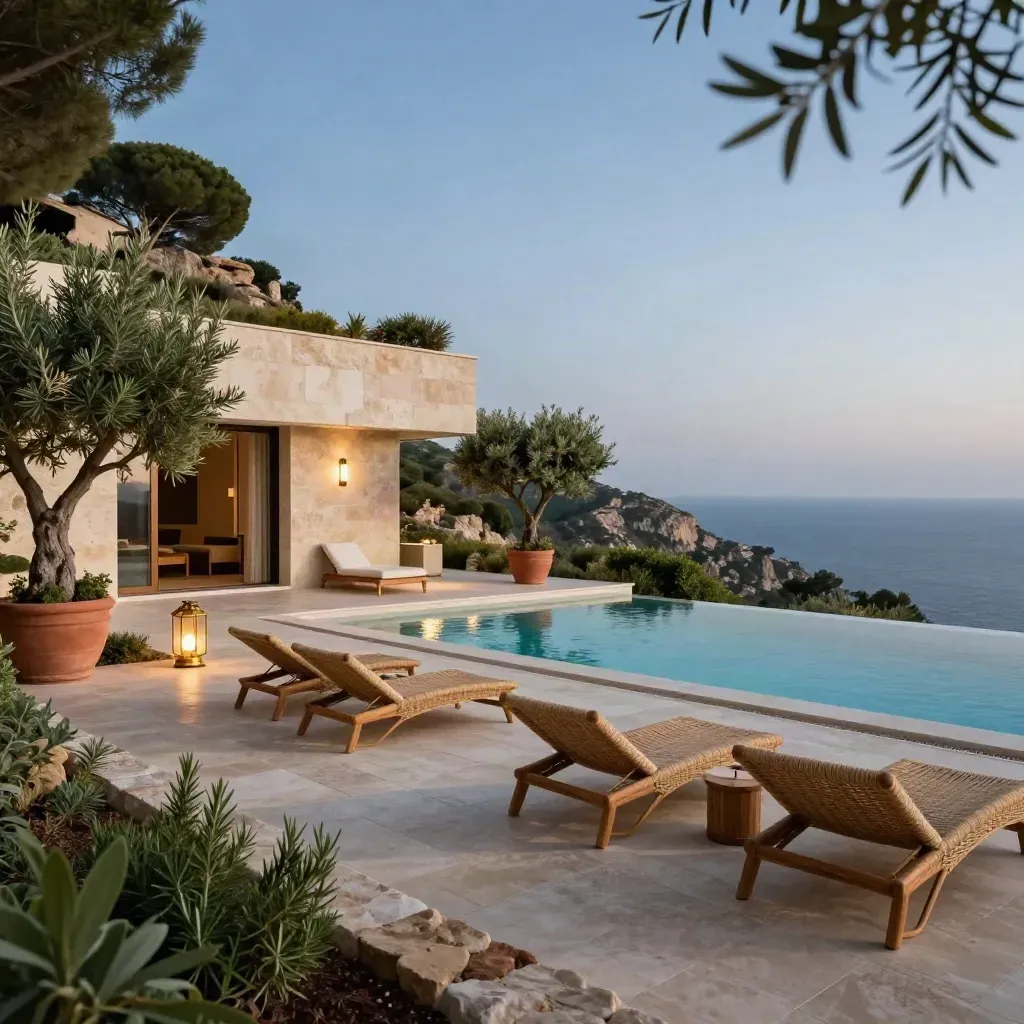 Terraza moderna en la ladera de la Costa del Sol con piscina y vista al mar al anochecer.