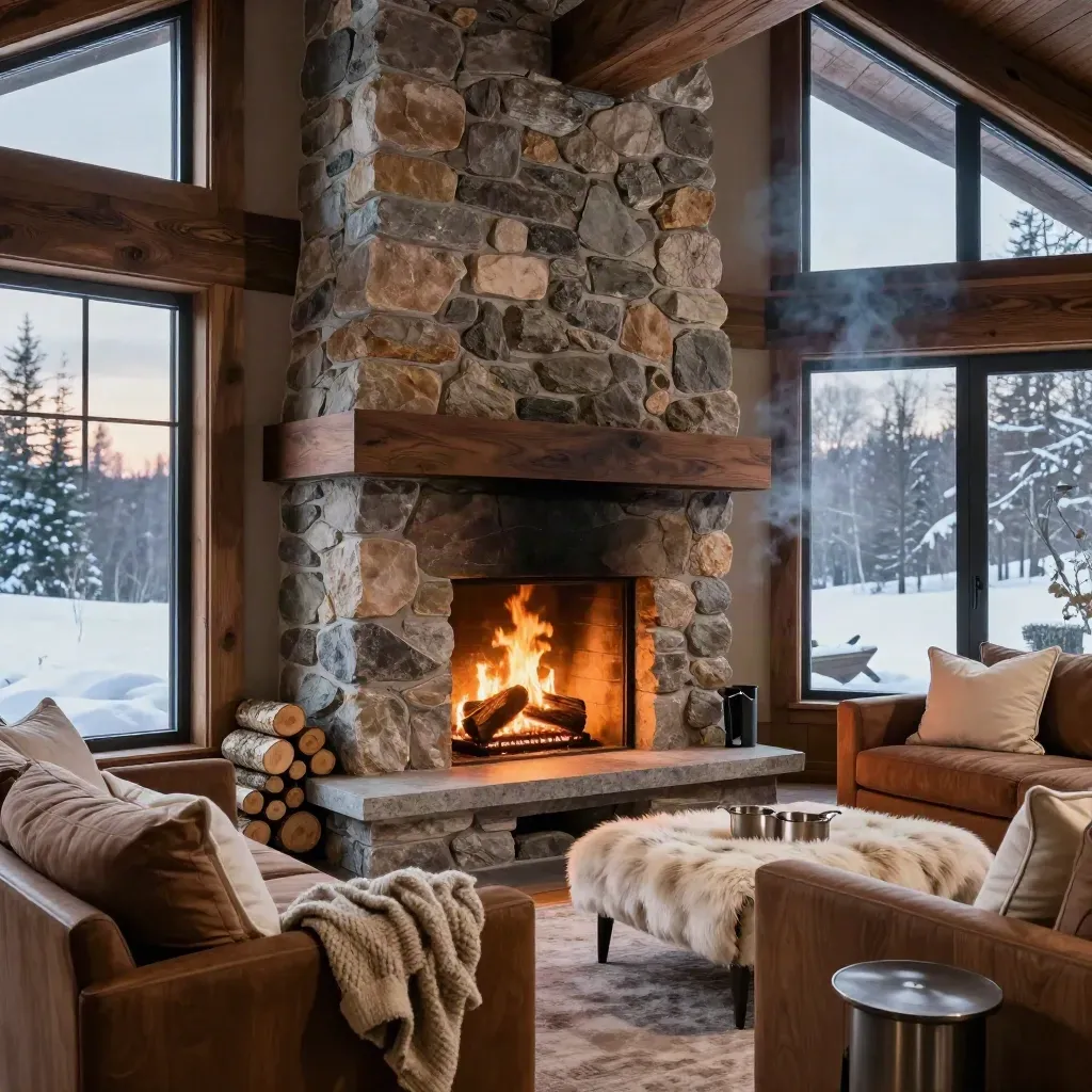 Salón doble altura con chimenea de piedra encendida, sofás de nogal y nieve al fondo.