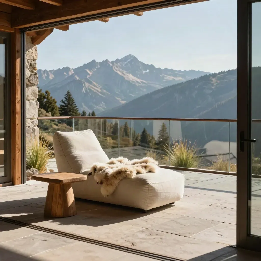 Terraza de chalet en Sierra Nevada con tumbona, piel de oveja y montañas al fondo.