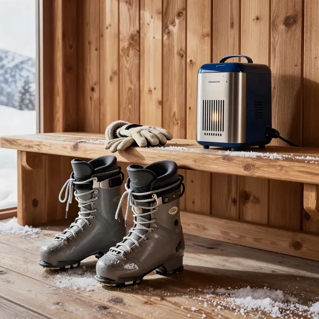 Banco de entrada en un chalet de Baqueira con botas de esquí y secador, recién usado