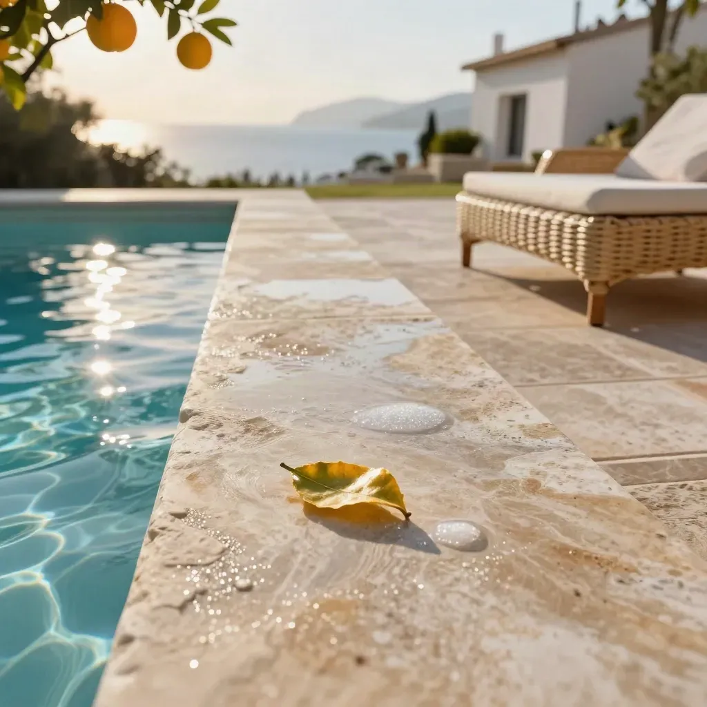 Terraza de chalet en la Costa del Sol con piedra clara, cítricos, piscina y vistas al mar al atardecer.