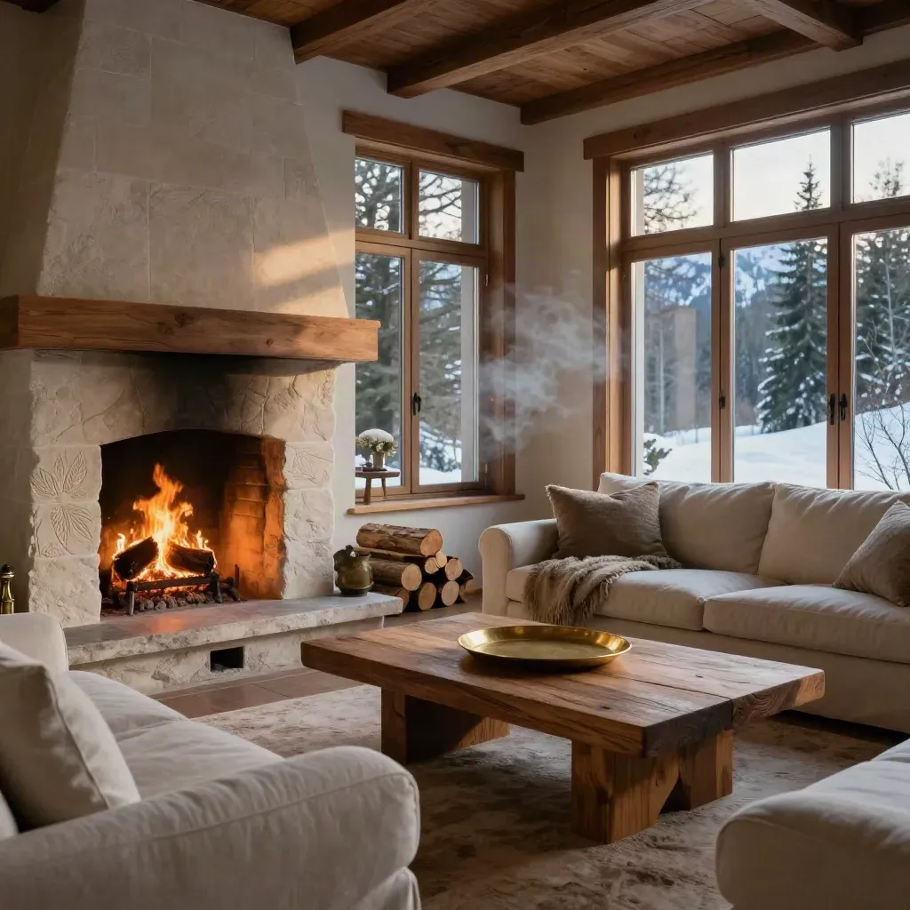 Salón de chalet en Baqueira con chimenea de piedra, sofás bajos y ventanales de alerce al atardecer