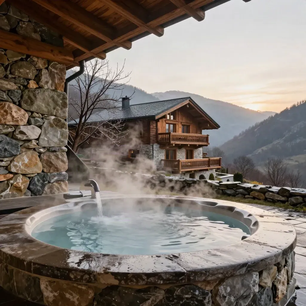 Patio de piedra en Gredos con jacuzzi humeante y ramas desnudas al atardecer tras la lluvia.