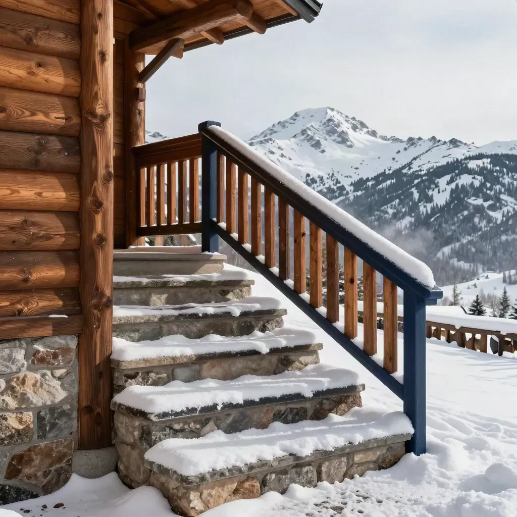 Escalera de chalet en Sierra Nevada con nieve barrida por el viento y la sierra al fondo.