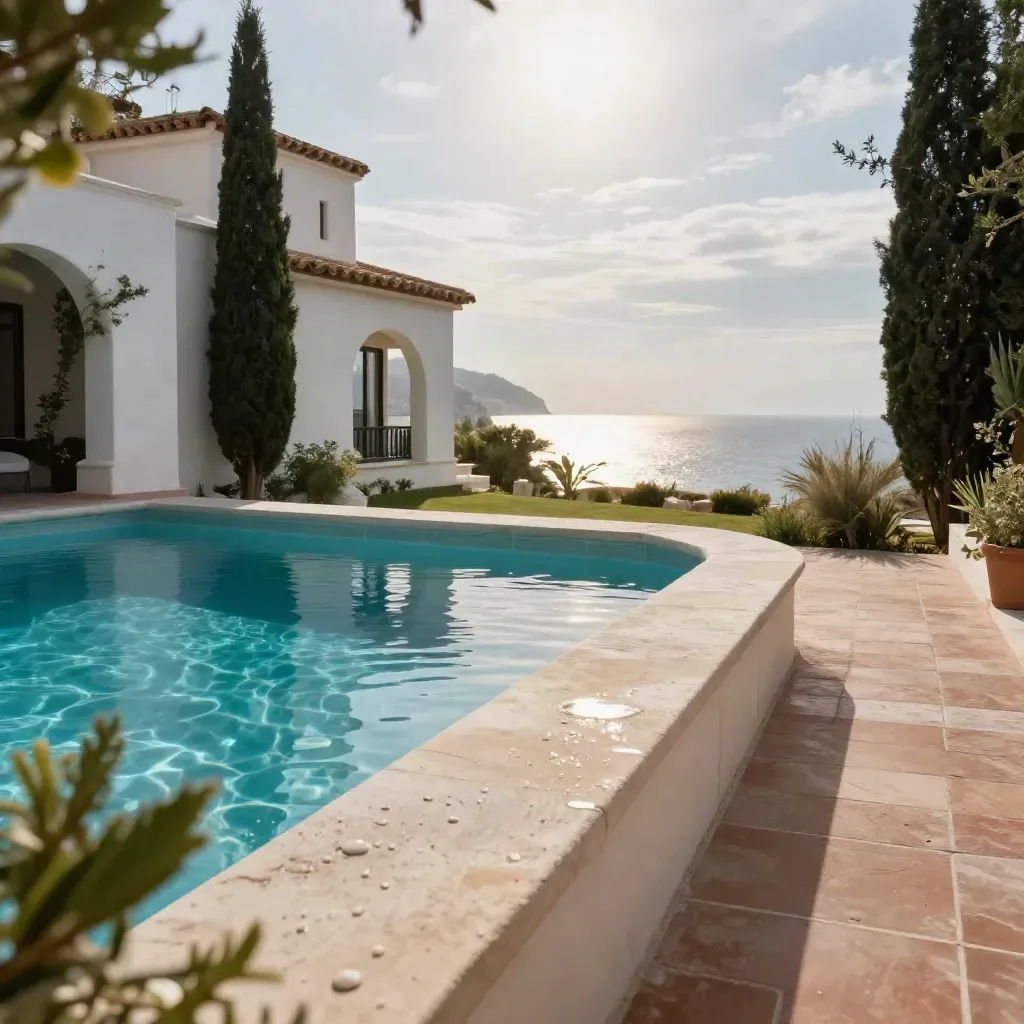 Detalle macro de un chalet blanco con piscina y cipreses junto al mar al atardecer.