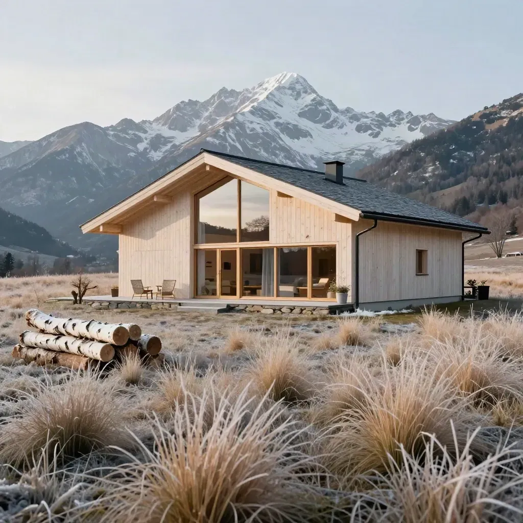 Chalet moderno en pradera amplia con escarcha ligera y montañas al fondo.