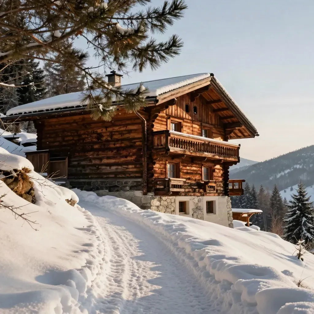 Chalet de madera en Benasque junto a un sendero nevado, con nieve cayendo al atardecer.