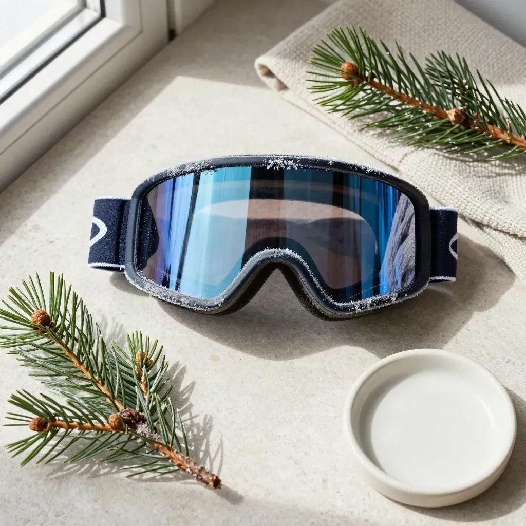 Gafas de esquí espejadas, ramita de pino, paño de lana y cuenco cerámico sobre piedra.