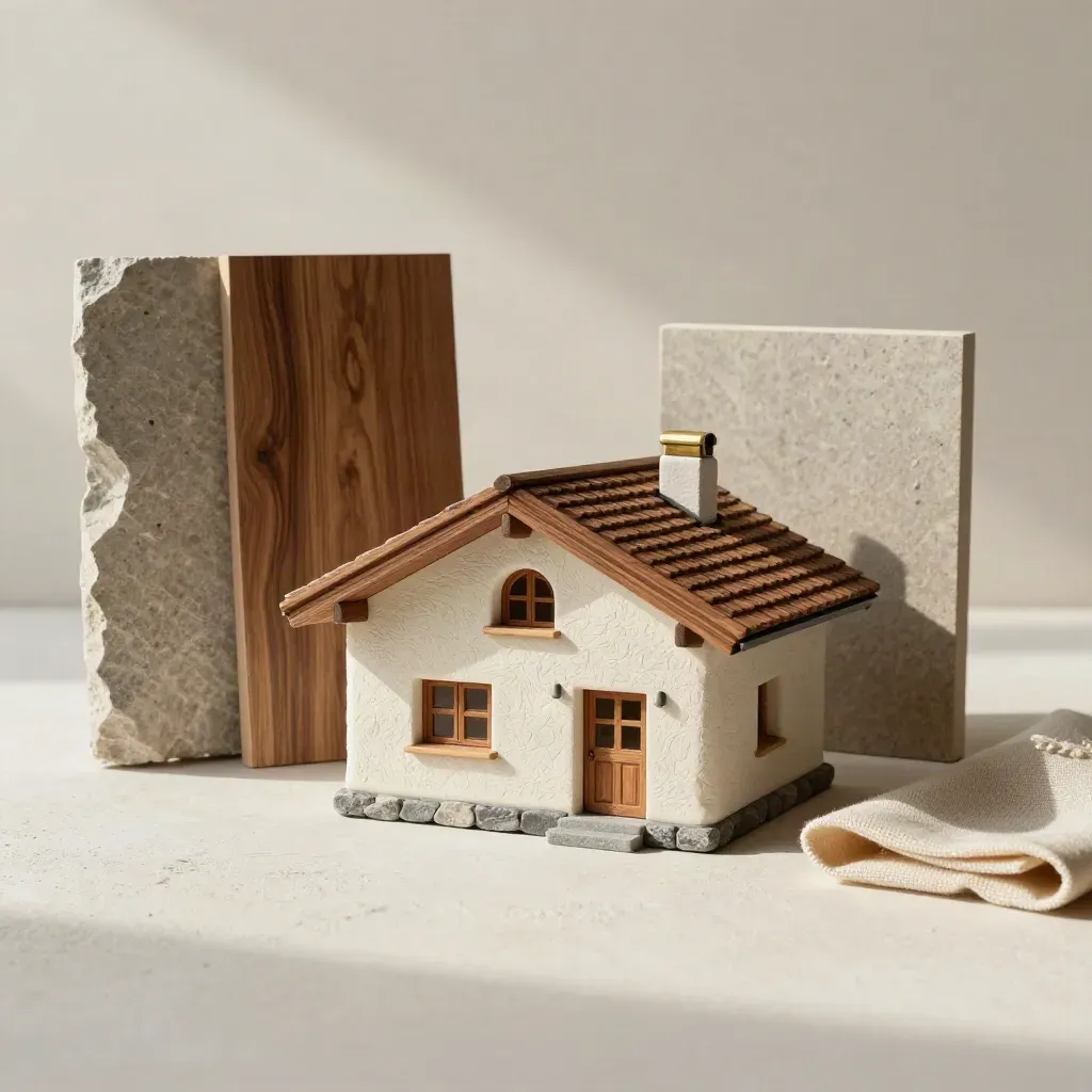 Maqueta de chalet con muestra de piedra, chapa nogal y tela doblada sobre fondo claro.
