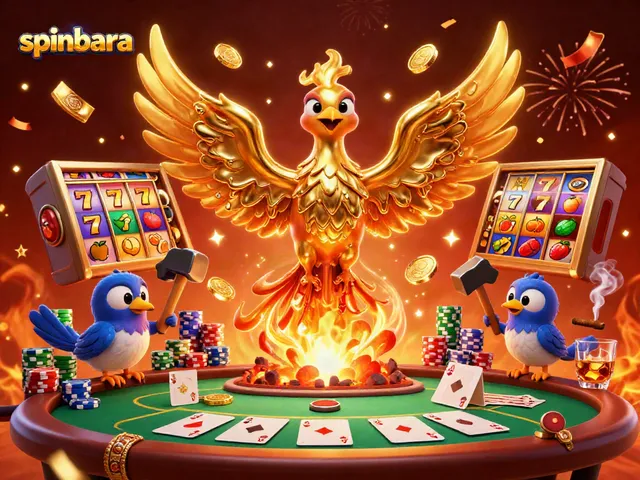 Play thrilling slots at Spinbara Casino with a molten golden phoenix and vibrant gaming elements
