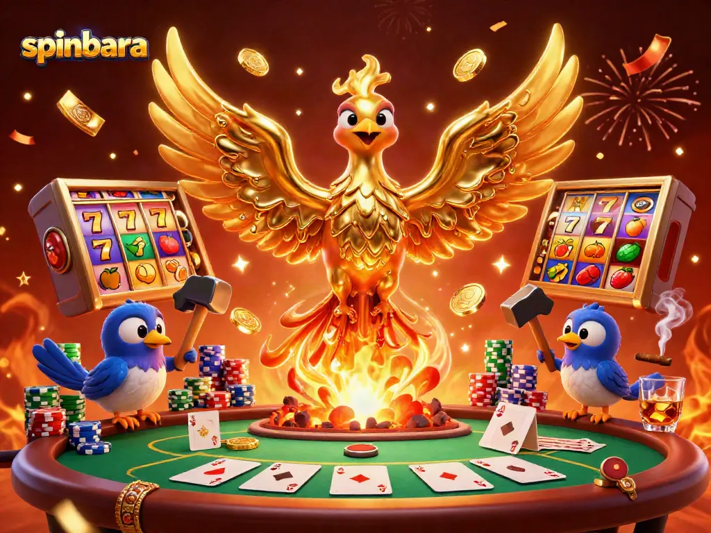 Play thrilling slots at Spinbara Casino with a molten golden phoenix and vibrant gaming elements